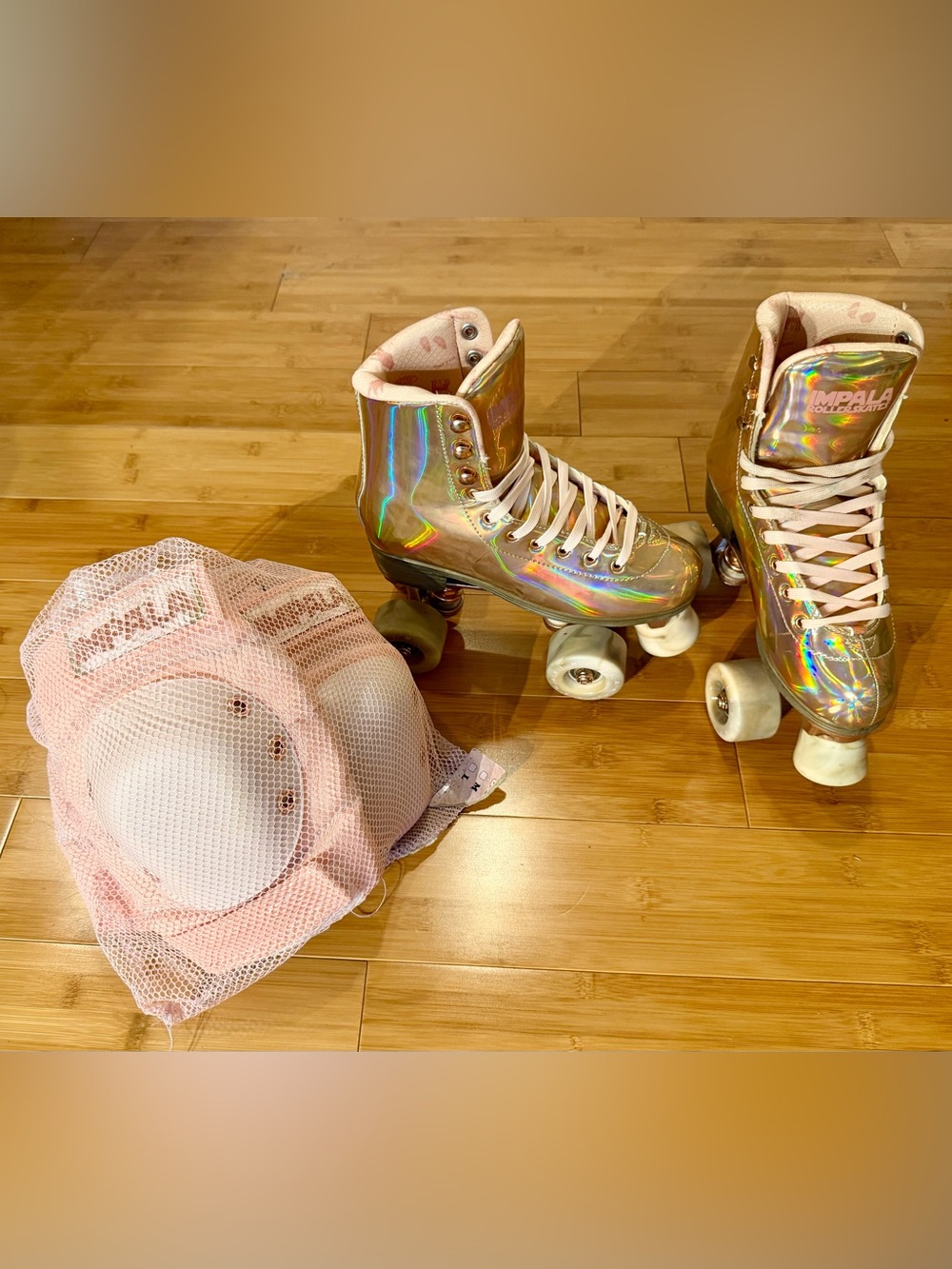 Impala Pink Iridescent Roller Skates + Matching Protective Gear – Size 5 / Small